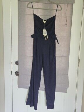 Monteau Blue Strapless linen blend Jumpsuit with Belt Detail Size Small